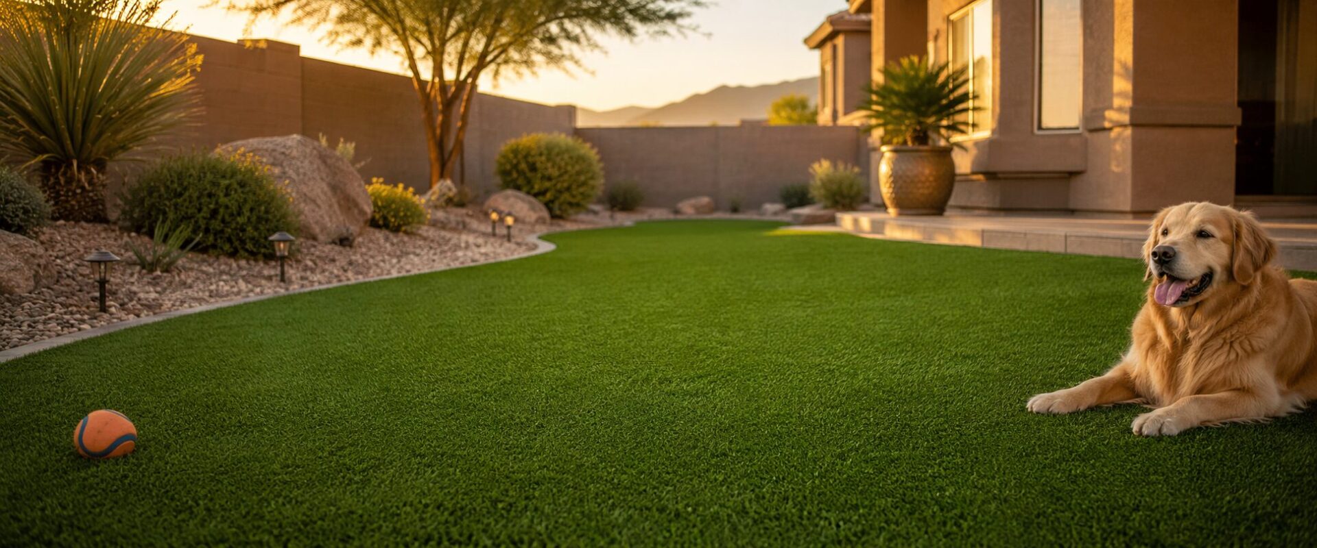 Professionally maintained artificial turf lawn in Las Vegas backyard.