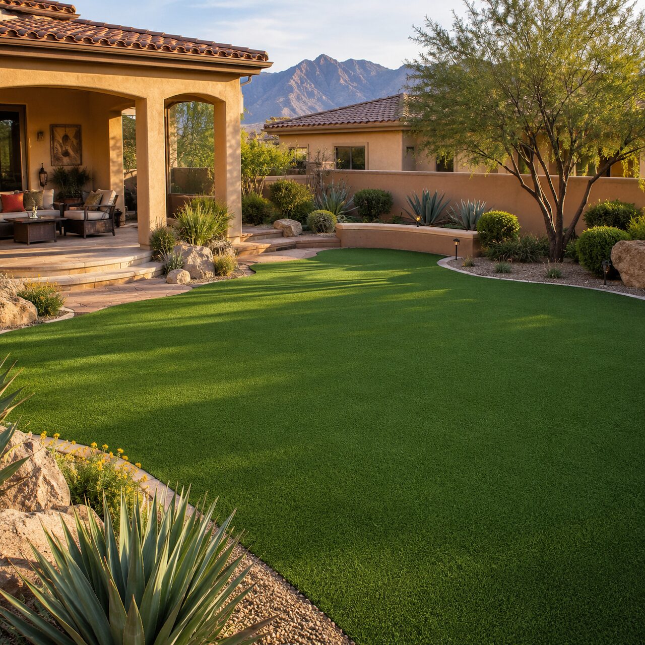 Premium Las Vegas backyard with professionally maintained artificial turf in the Turf King LV quarterly maintenance program